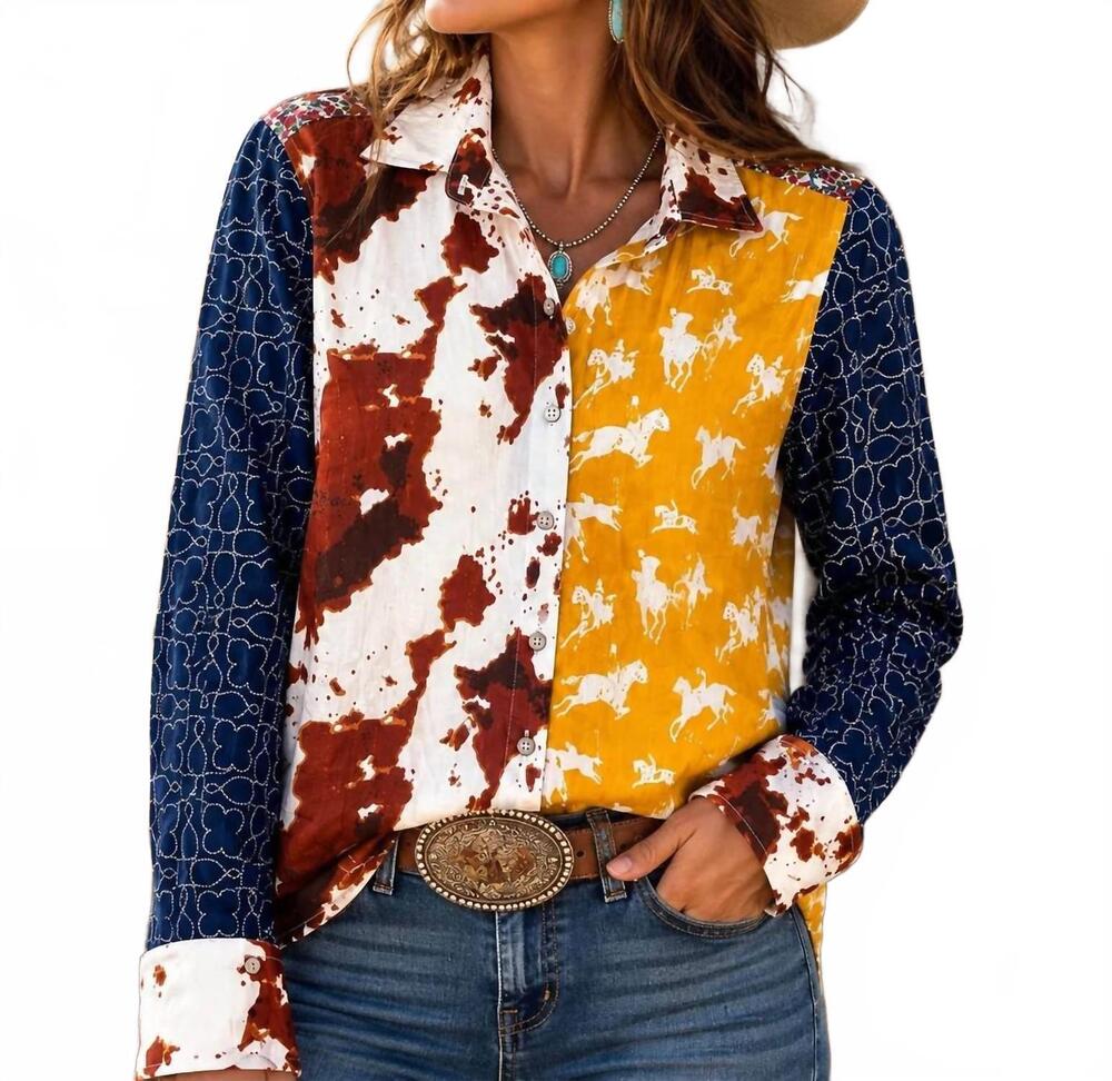 NEW TRU LUXE mixed print button up top in multicolor